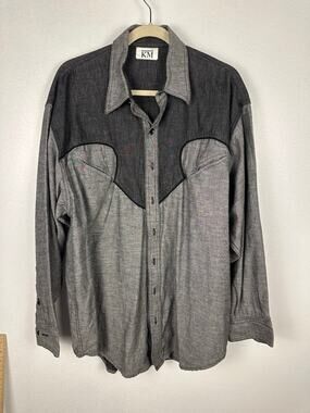 KM branded long-sleeved shirt black and gray denim western rodeo yoke Size XL